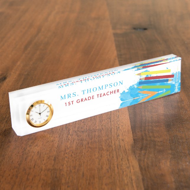 Porte-nom Pour Bureau Crayons colorés Professeur personnalisé (Taille)