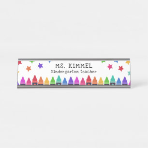 Porte-nom Pour Bureau Crayons et étoiles colorés Nom de l'enseignant