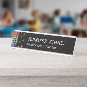 Porte-nom Pour Bureau Crayons et étoiles de couleur noire Nom de l'ensei