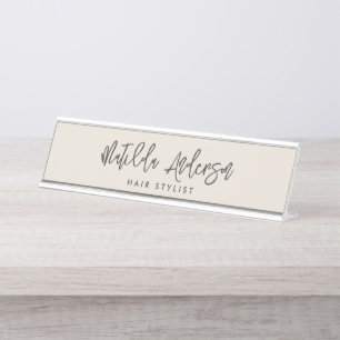 Porte-nom Pour Bureau Cream gris moderne minimaliste élégant script
