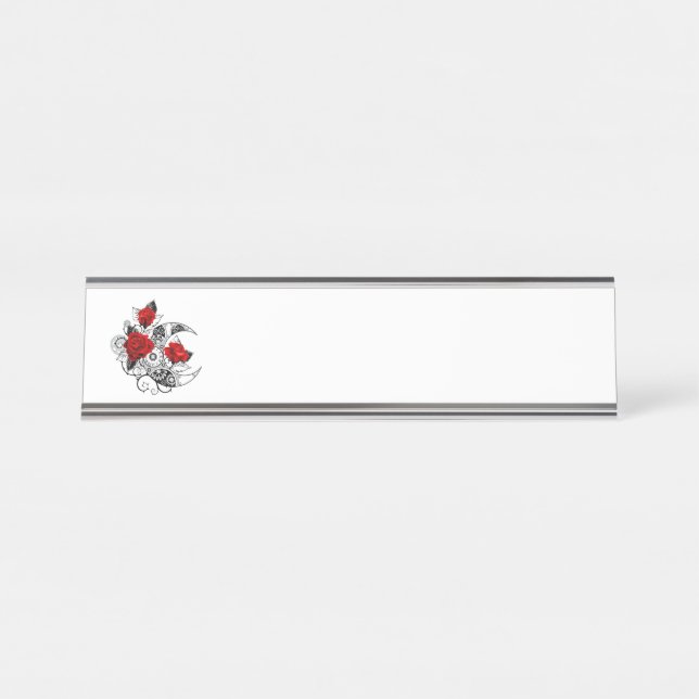 Porte-nom Pour Bureau Croissant mécanique avec roses rouges (Devant)