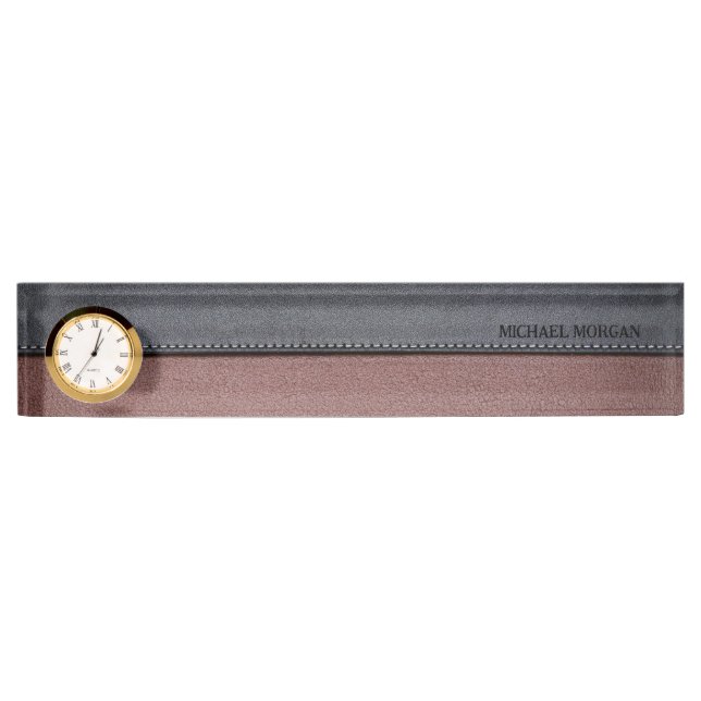 Porte-nom Pour Bureau Cuir élégant de luxe aspect marron noir (Devant)