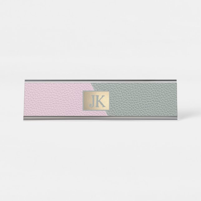 Porte-nom Pour Bureau Cuir Vert Rose Élégant Monogramme   (Devant)