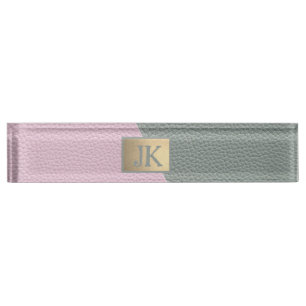 Porte-nom Pour Bureau Cuir Vert Rose Élégant Monogramme  