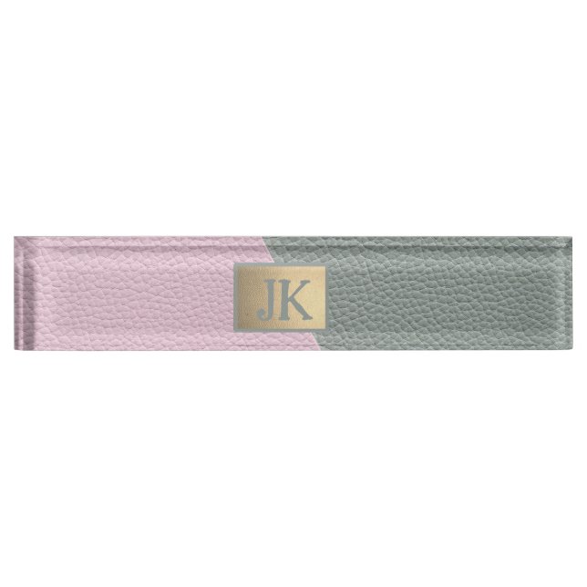Porte-nom Pour Bureau Cuir Vert Rose Élégant Monogramme   (Devant)