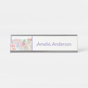 Porte-nom Pour Bureau Custom Kids Artwork, deux mignonnes souris, fleurs