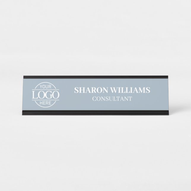 Porte-nom Pour Bureau Custom Logo | Professional Dusty Blue Minimalist (Devant)