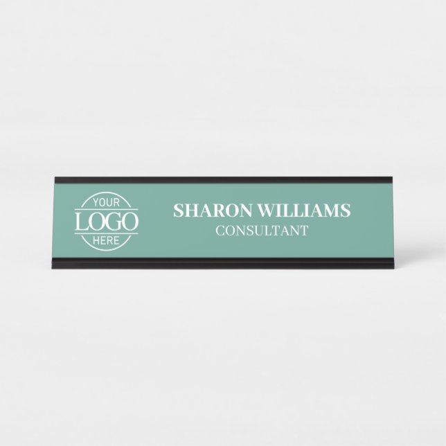 Porte-nom Pour Bureau Custom Logo | Professional Teal Green Minimalist (Devant)