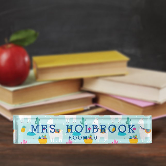 Porte-nom Pour Bureau Cute Aqua Blue Llama Motif Enseignant (Créateur téléchargé)