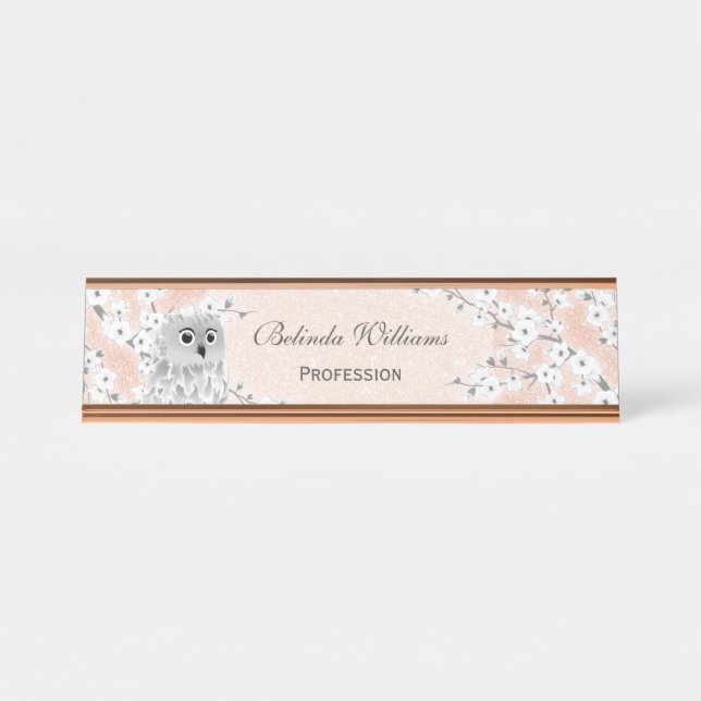 Porte-nom Pour Bureau Cute Owl Cerry Blossoms Rose Parties scintillant o (Devant)