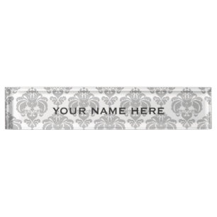 Porte-nom Pour Bureau Damassé gris argent élégant et glamour personnalis