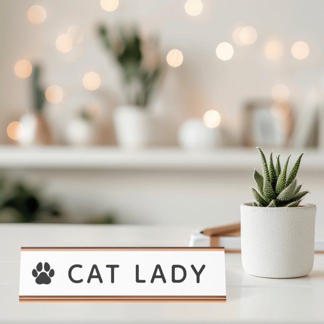 Porte-nom Pour Bureau Dame de Chat Empreinte de Patte Moderne Blanche (Créateur téléchargé)