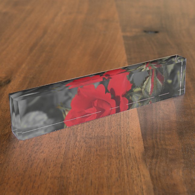 Porte-nom Pour Bureau défilement de fleurs de roses rouges sur gris fonc (Taille)