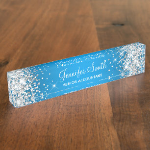 Porte-nom Pour Bureau Dégradé Azur Paillettes Argentées Brillantes