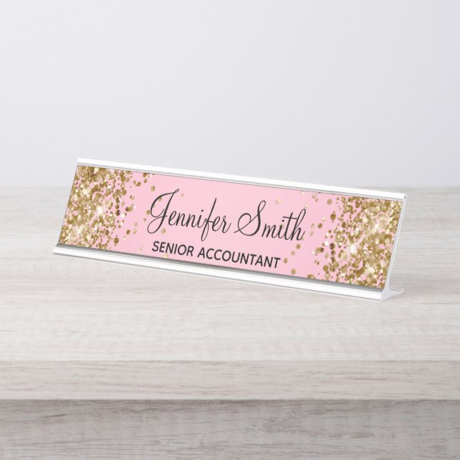 Porte-nom Pour Bureau Dégradé rose clair pailleté or (Devant)