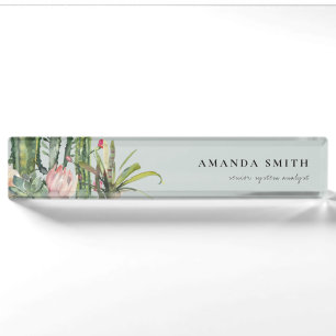 PORTE-NOM POUR BUREAU DÉSERT FLORAL DE ROSE GRIS CACTI FOLIER LA COULEU