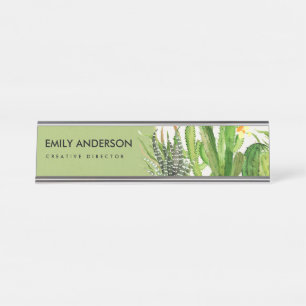 PORTE-NOM POUR BUREAU DÉSERT MODERNE CACTUS JARDIN FLEURI COULEUR D'EAU