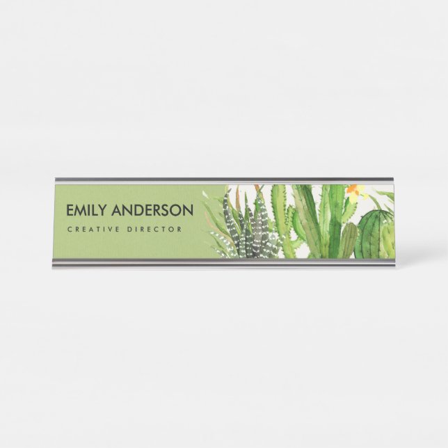 PORTE-NOM POUR BUREAU DÉSERT MODERNE CACTUS JARDIN FLEURI COULEUR D'EAU (Devant)