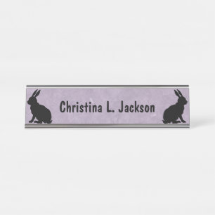 Porte-nom Pour Bureau Deux lapins assis noirs en silhouette sur violet