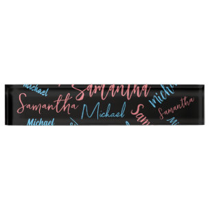 Porte-nom Pour Bureau Deux noms couples motif monogramme bleu rose clair