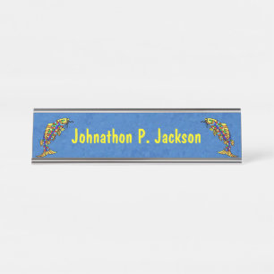 Porte-nom Pour Bureau Deux poissons Abstraits de couleur vive Bleu