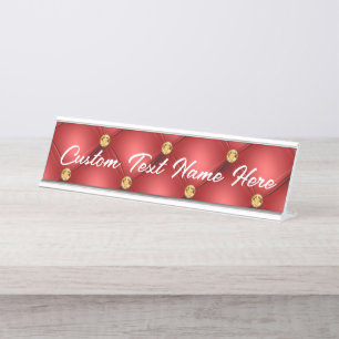 Porte-nom Pour Bureau Diamant Doré Cuir Tufé Votre Nom De Texte Rouge