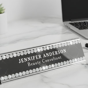Porte-nom Pour Bureau Diamant Noir Et Parties scintillant De Luxe