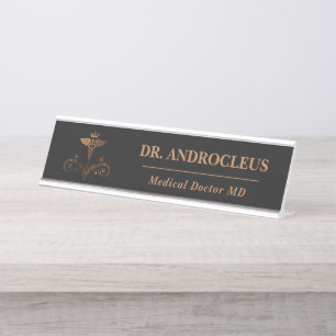 Porte-nom Pour Bureau Docteur Médicale Black Gold Caduceus