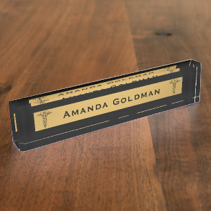 Porte-nom Pour Bureau Docteur Nurse Black de monogramme et caducée d'or