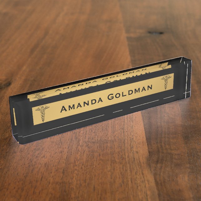 Porte-nom Pour Bureau Docteur Nurse Black de monogramme et caducée d'or (Taille)