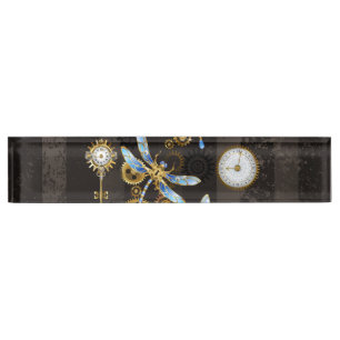 Porte-nom Pour Bureau Dragonflies de Steampunk sur arrière - plan rayé