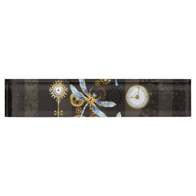 Porte-nom Pour Bureau Dragonflies de Steampunk sur arrière - plan rayé b (Devant)