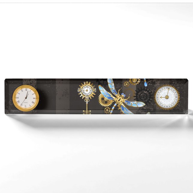 Porte-nom Pour Bureau Dragonflies de Steampunk sur arrière - plan rayé b (Devant)