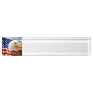 Porte-nom Pour Bureau Eagle chauve sur le bleu blanc rouge de drapeau
