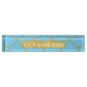 Porte-nom Pour Bureau Écaille de sirène iridescente bleu et or scintilla