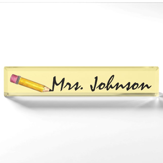 Porte-nom Pour Bureau École de crayon jaune clair Écriture d'enseignant  (Devant)