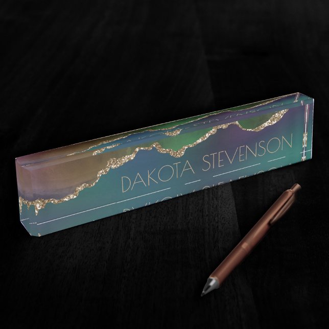 Porte-nom Pour Bureau Edgy Agate | Dark Moody Jewel Tone Turquoise (Créateur téléchargé)