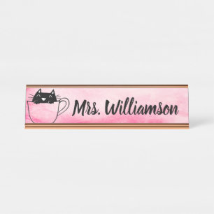 Porte-nom Pour Bureau Éducateur Enseignant Chat Noir Rose Kitty Bureau N