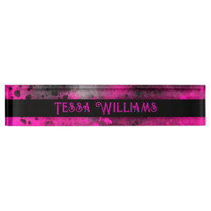 Porte-nom Pour Bureau Effet Retro Paint Splatter rose et noir
