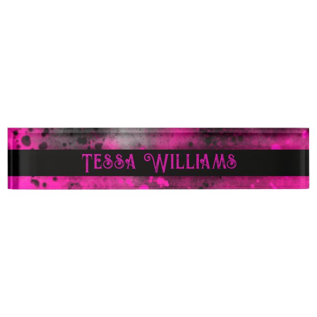 Porte-nom Pour Bureau Effet Retro Paint Splatter rose et noir (Devant)