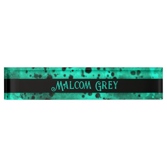 Porte-nom Pour Bureau Effet Retro Paint Splatter Vert & Noir (Devant)