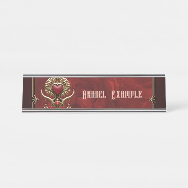 Porte-nom Pour Bureau Élégance en lustre rouge avec un coeur orné. (Devant)