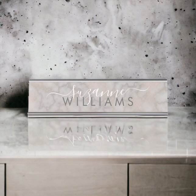 Porte-nom Pour Bureau Élégance en marbre gris et Rose (Personalize this elegant desk sign with your name.)