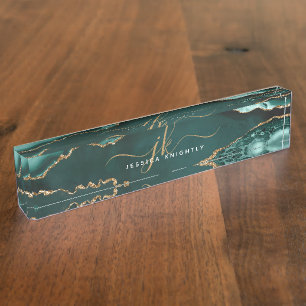 Porte-nom Pour Bureau Élégant Agate Turquoise Or Script Monogramme Nom
