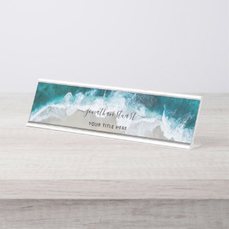 Porte-nom Pour Bureau Elégant Aqua Blue Green Beach Script