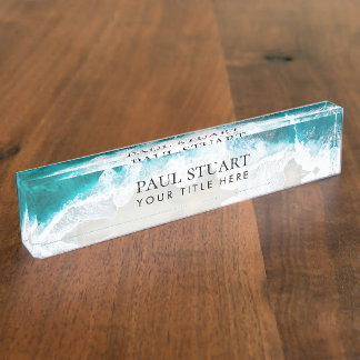Porte-nom Pour Bureau Elégant Aqua Blue Green Beach Script