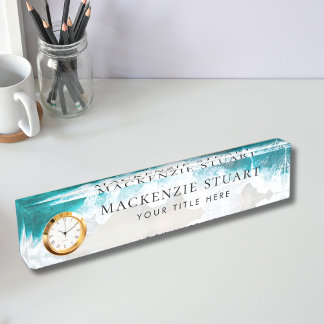 Porte-nom Pour Bureau Elégant Aqua Blue Green Beach Script