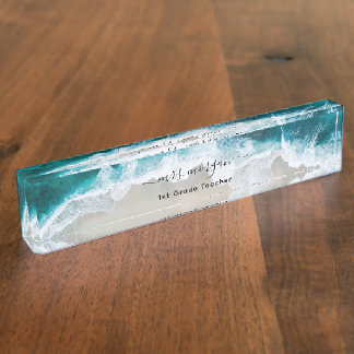 Porte-nom Pour Bureau Elégant Aqua Blue Green Beach Script enseignant