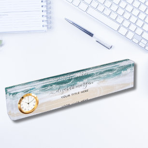 Porte-nom Pour Bureau Elégant Aqua Blue Green Script Nom Horloge Bureau