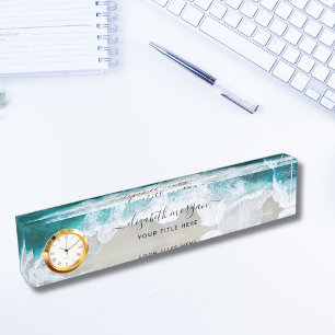 Porte-nom Pour Bureau Elégant Aqua Blue Green Script Nom Horloge Bureau